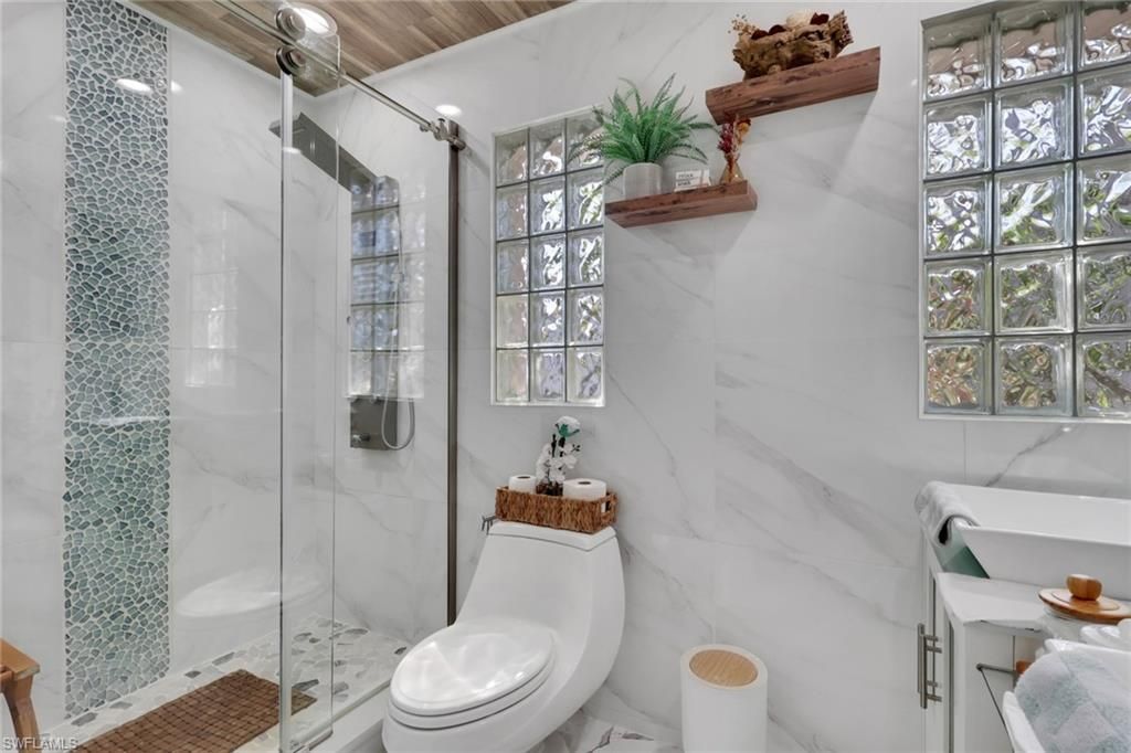 Bathroom, Glass Shower, Interior, Marble Walls, Recessed Lighting