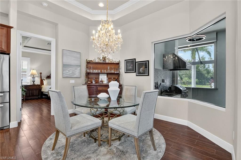 Chandelier, Dining room, Interior, Recessed Lighting, Wood Texture Flooring