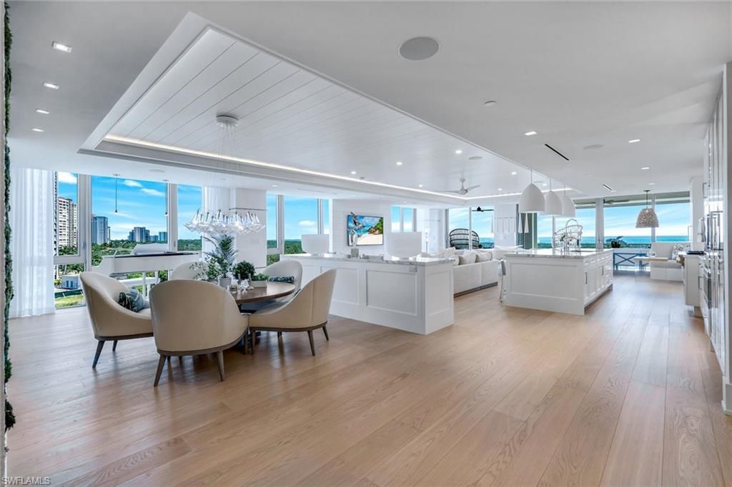 Dining room, Interior, Kitchen, Living room, Pendant Lights, Recessed Lighting, Water, Wood Texture Flooring