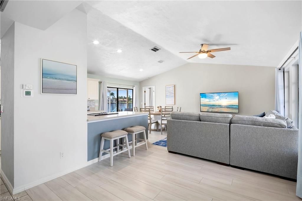 Dining room, Interior, Living room, Recessed Lighting, Wood Texture Flooring