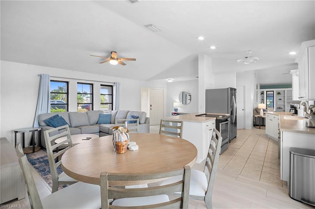 Dining room, Interior, Kitchen, Living room, Recessed Lighting, Wood Texture Flooring