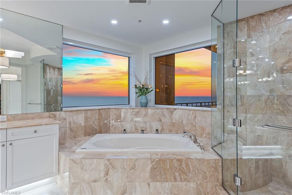 Bathroom, Glass Shower, Interior, Marble Walls, Recessed Lighting, Water