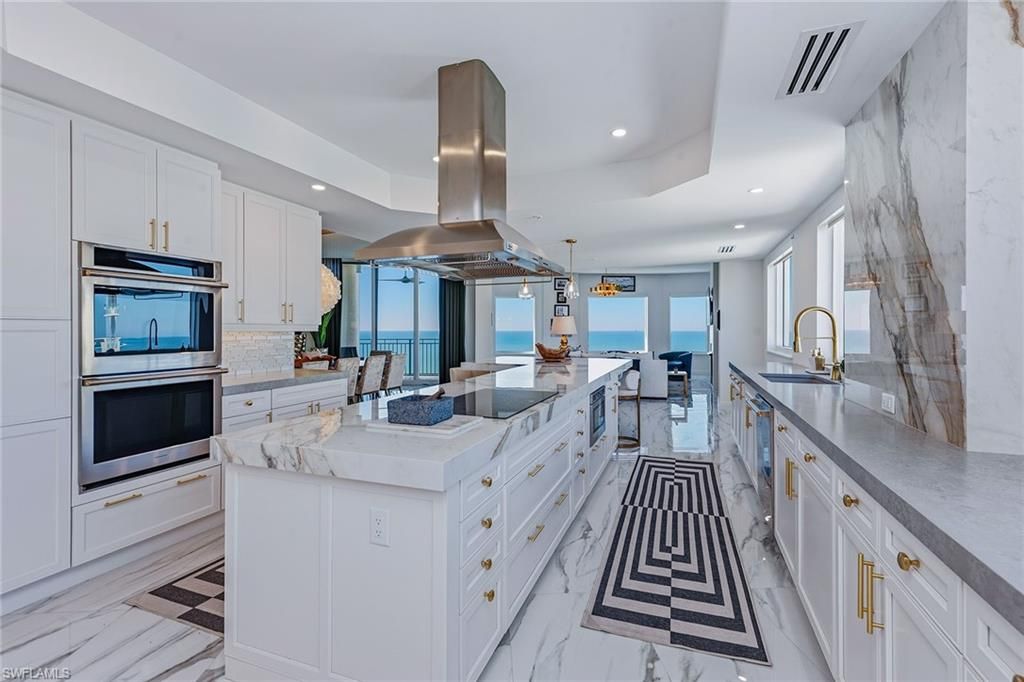 Interior, Kitchen, Marble, Marble Walls, Pendant Lights, Recessed Lighting, Stainless Steel Appliances, Water