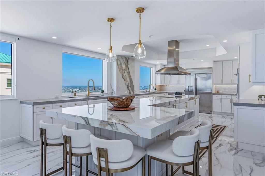 Interior, Kitchen, Marble, Pendant Lights, Recessed Lighting, Stainless Steel Appliances, Water