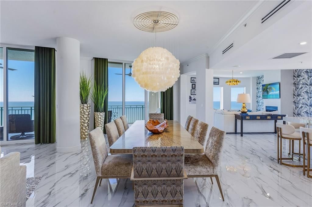 Dining room, Interior, Marble, Pendant Lights, Recessed Lighting, Water