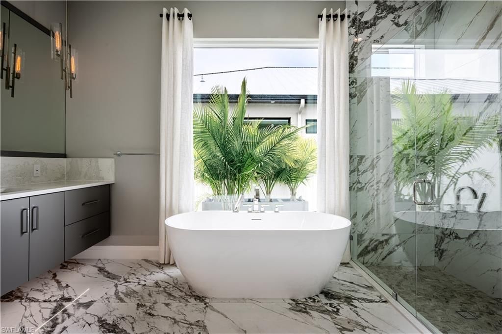Bathroom, Free Standing Baths, Glass Shower, Interior, Marble, Marble Walls