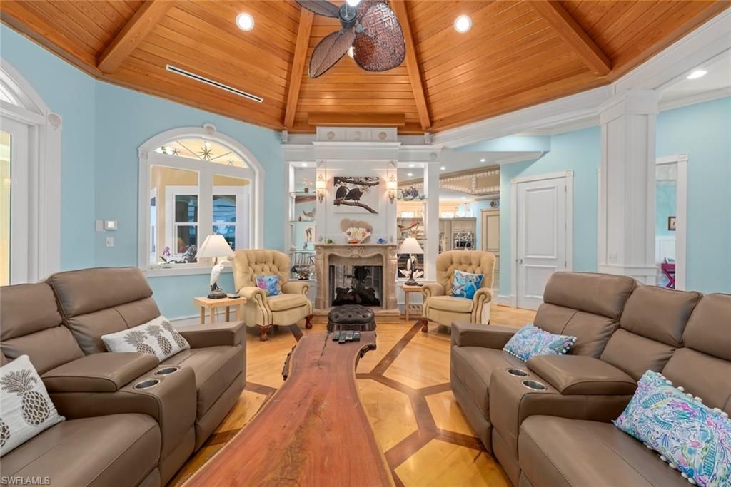 Fireplace, Interior, Living room, Recessed Lighting, Wooden Beams, Wooden Ceilings, Wood Texture Flooring