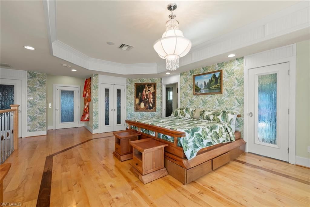 Bedroom, Chandelier, Interior, Recessed Lighting, Wood Texture Flooring