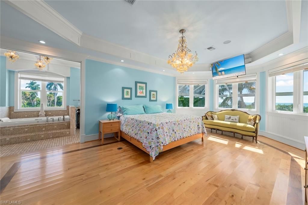 Bedroom, Chandelier, Interior, Pendant Lights, Recessed Lighting, Wood Texture Flooring