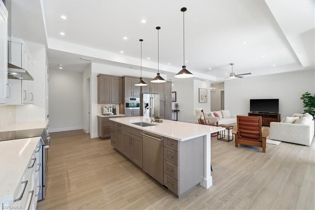 Interior, Kitchen, Living room, Pendant Lights, Recessed Lighting, Stainless Steel Appliances, Wood Texture Flooring