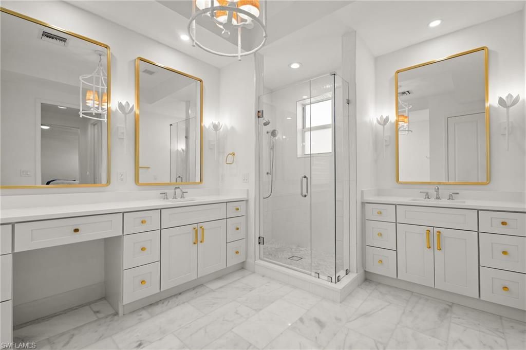 Bathroom, Dual Sink Vanities, Glass Shower, Interior, Marble, Pendant Lights, Recessed Lighting