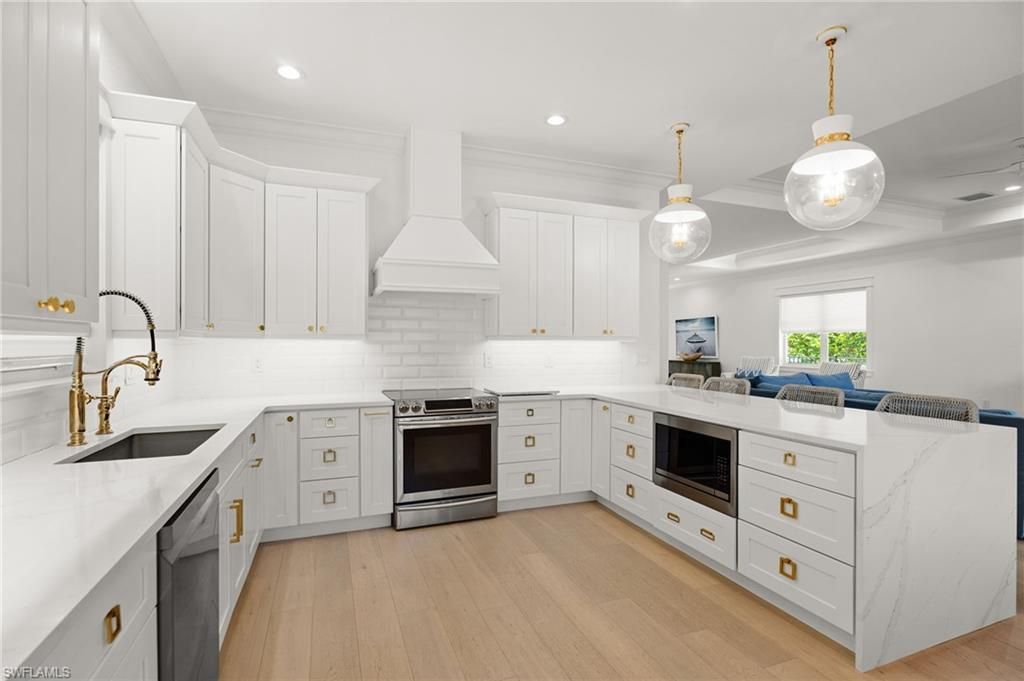 Interior, Kitchen, Pendant Lights, Recessed Lighting, Stainless Steel Appliances, Wood Texture Flooring