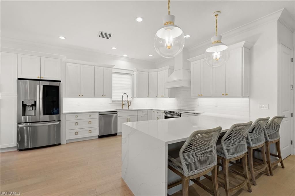 Interior, Kitchen, Pendant Lights, Recessed Lighting, Stainless Steel Appliances, Wood Texture Flooring