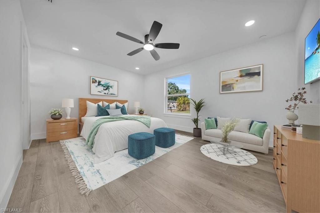 Bedroom, Interior, Recessed Lighting, Wood Texture Flooring