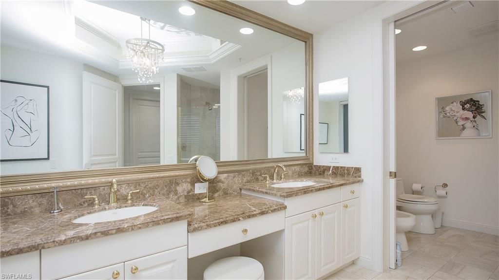Bathroom, Chandelier, Dual Sink Vanities, Interior, Recessed Lighting