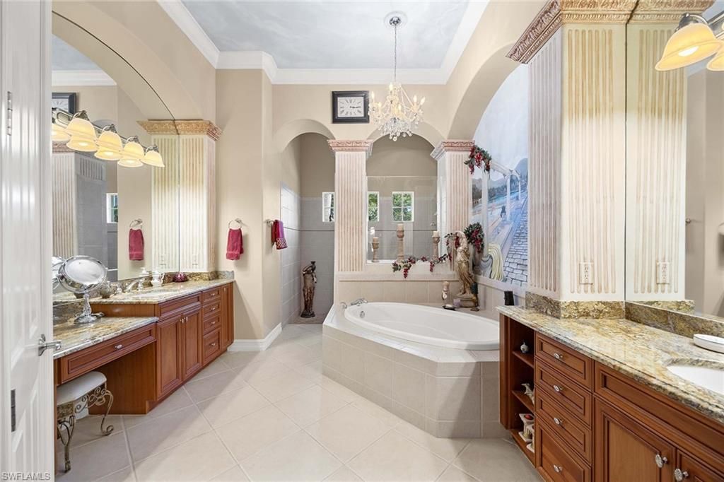 Bathroom, Chandelier, Dual Sink Vanities, Interior, Pendant Lights