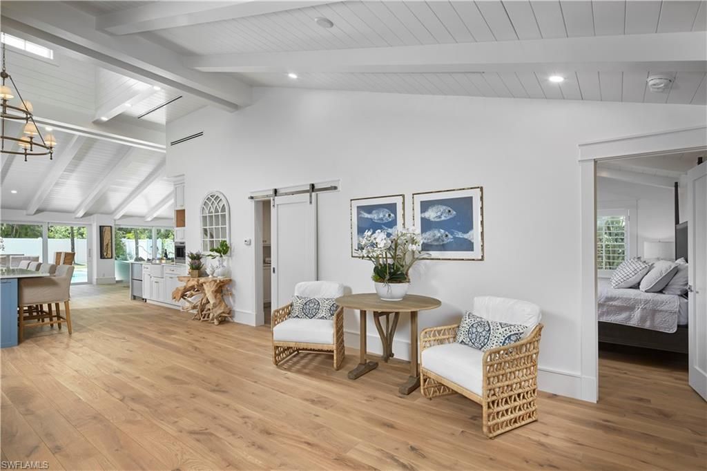 Bedroom, Dining room, Interior, Pendant Lights, Recessed Lighting, Wood Texture Flooring