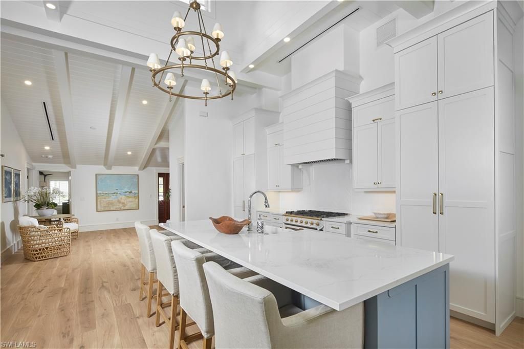 Chandelier, Interior, Kitchen, Recessed Lighting, Stainless Steel Appliances, Wood Texture Flooring