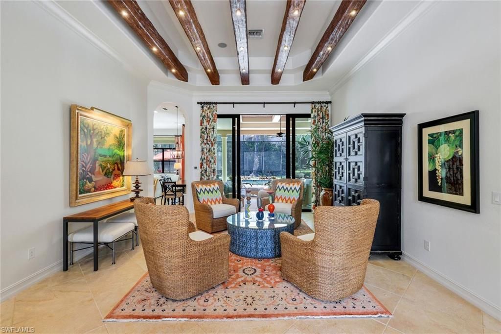 Dining room, Interior, Living room, Recessed Lighting, Wooden Beams