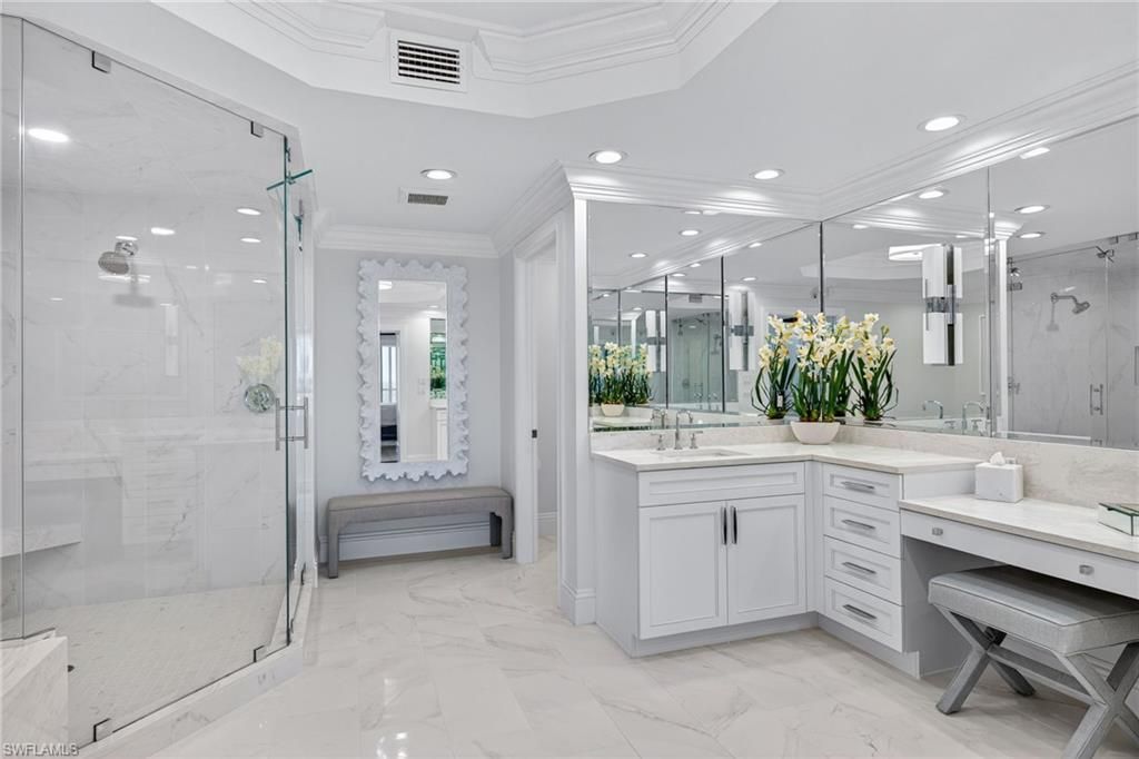 Bathroom, Glass Shower, Interior, Marble, Marble Walls, Recessed Lighting