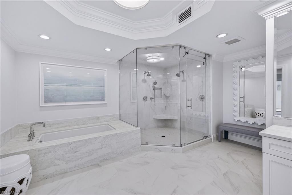 Bathroom, Glass Shower, Interior, Marble, Marble Walls, Recessed Lighting