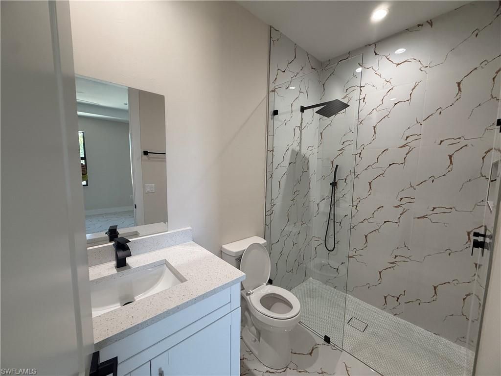 Bathroom, Glass Shower, Interior, Marble, Marble Walls, Recessed Lighting