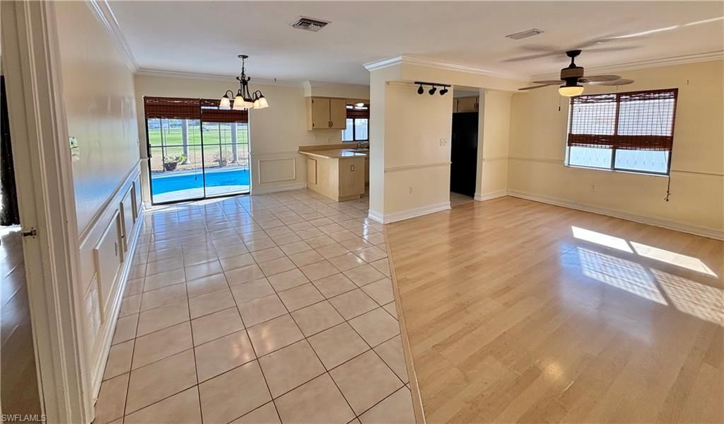 Chandelier, Empty room, Interior, Kitchen, Wood Texture Flooring