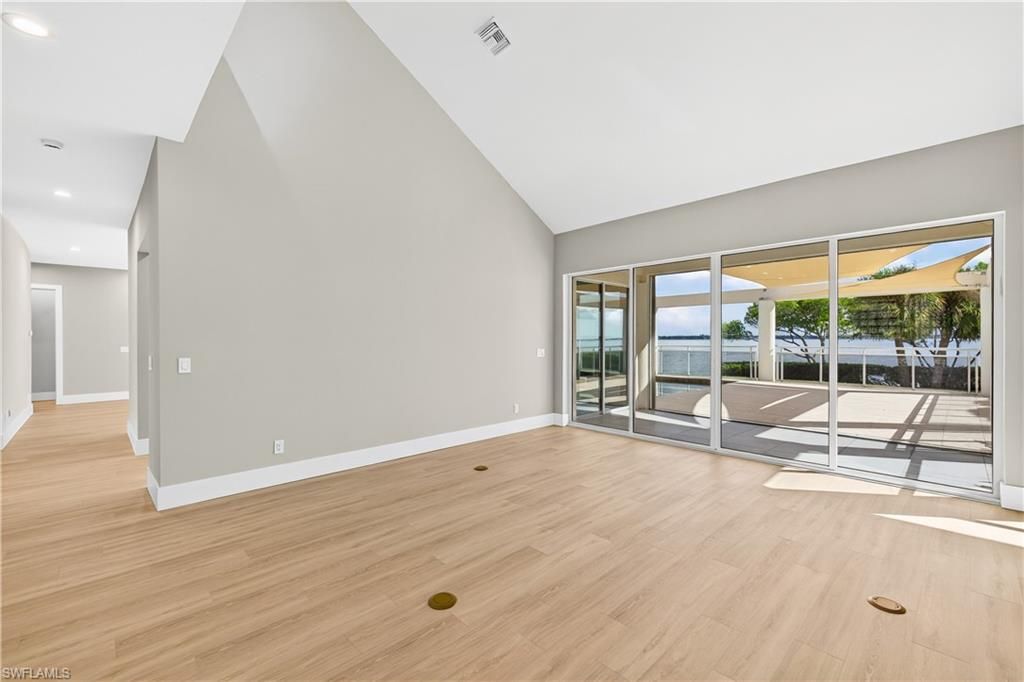 Empty room, Interior, Recessed Lighting, Water, Wood Texture Flooring