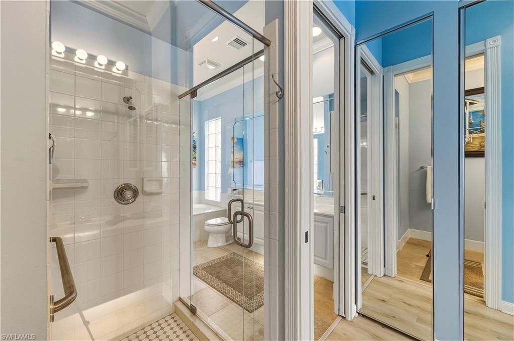 Bathroom, Glass Shower, Interior, Recessed Lighting, Wood Texture Flooring