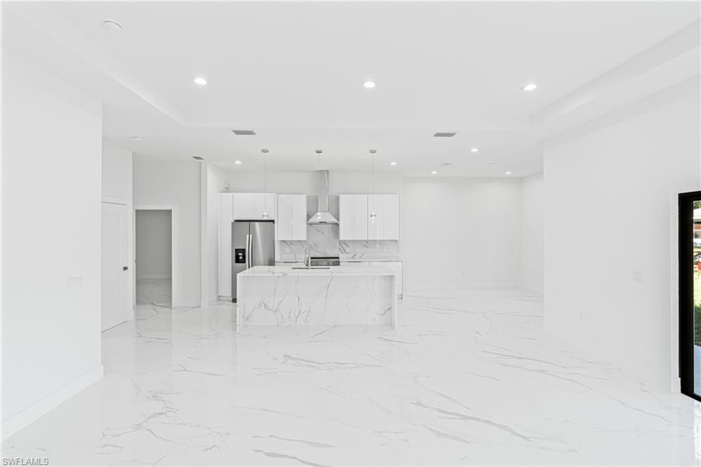 Interior, Kitchen, Marble, Pendant Lights, Recessed Lighting, Stainless Steel Appliances