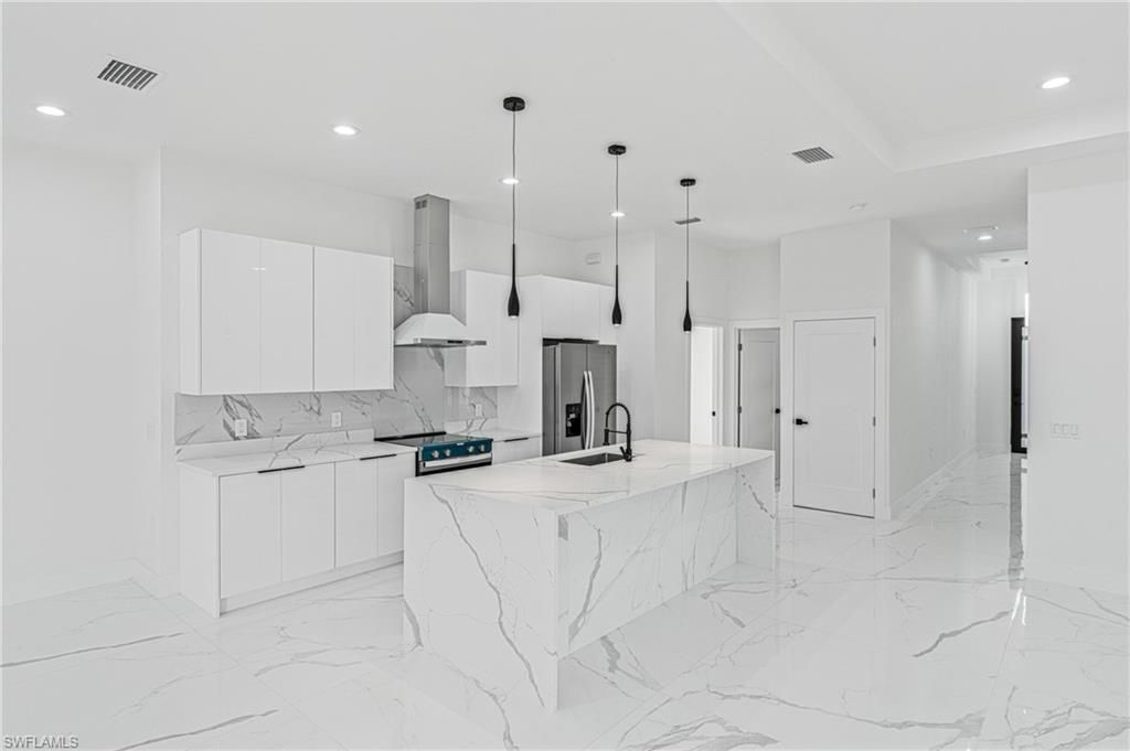 Interior, Kitchen, Marble, Marble Walls, Pendant Lights, Recessed Lighting