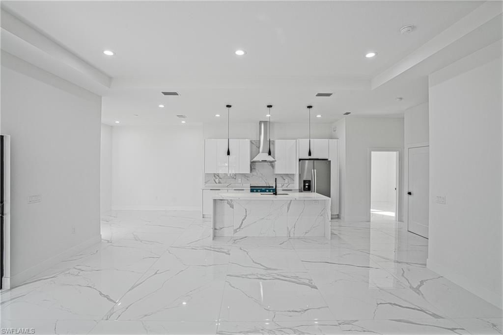 Interior, Kitchen, Marble, Pendant Lights, Recessed Lighting, Stainless Steel Appliances