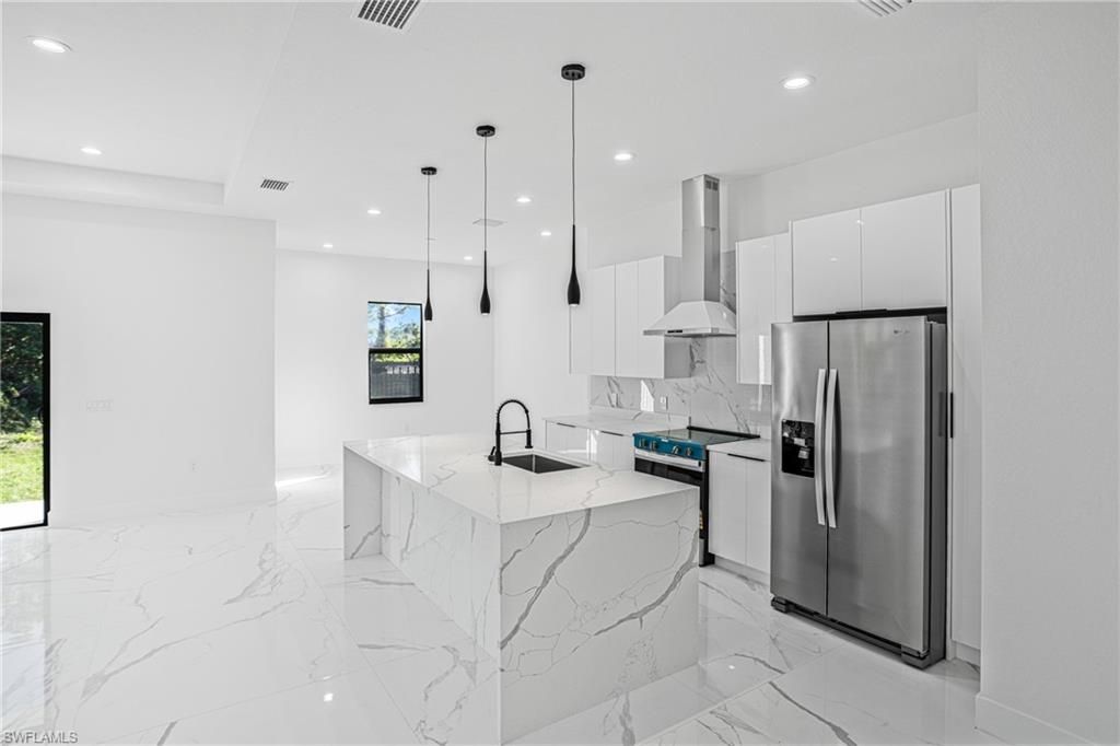 Interior, Kitchen, Marble, Pendant Lights, Recessed Lighting, Stainless Steel Appliances