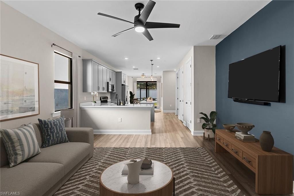 Interior, Kitchen, Living room, Pendant Lights, Recessed Lighting, Stainless Steel Appliances, Wood Texture Flooring