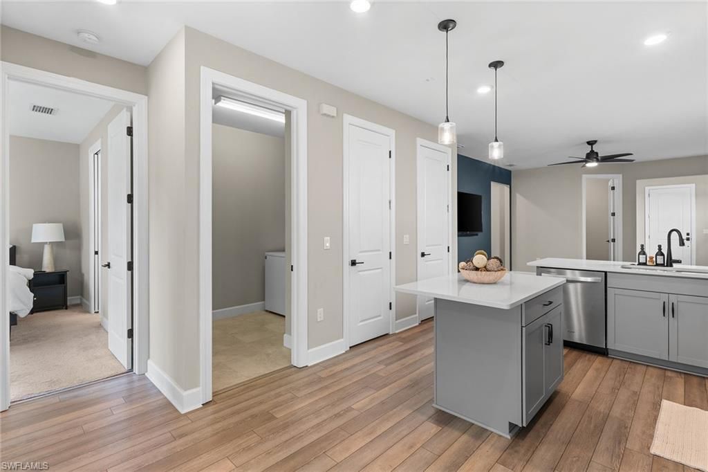 Interior, Kitchen, Pendant Lights, Recessed Lighting, Wood Texture Flooring