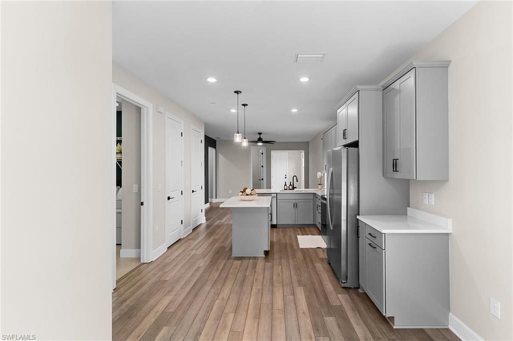 Interior, Kitchen, Pendant Lights, Recessed Lighting, Wood Texture Flooring