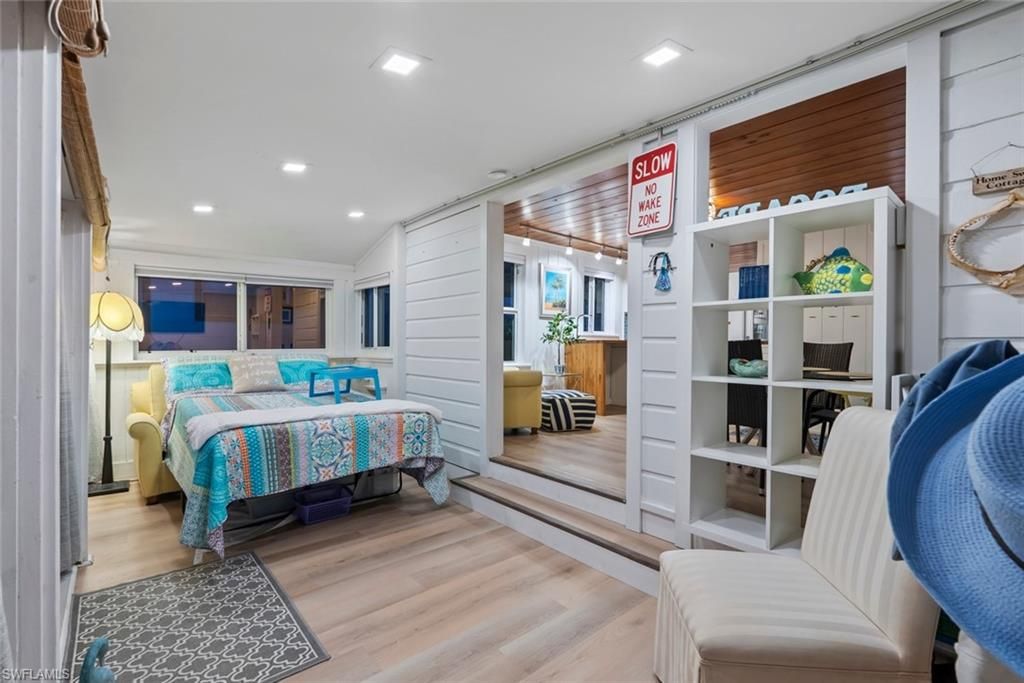 Bedroom, Interior, Recessed Lighting, Wood Texture Flooring, Wooden Walls