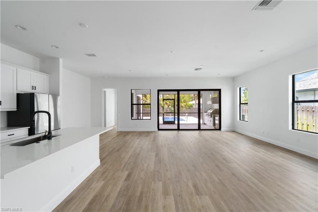 Empty room, Interior, Kitchen, Recessed Lighting, Wood Texture Flooring