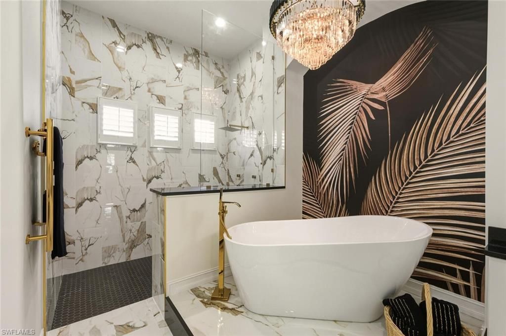Bathroom, Chandelier, Free Standing Baths, Interior, Marble, Marble Walls, Recessed Lighting