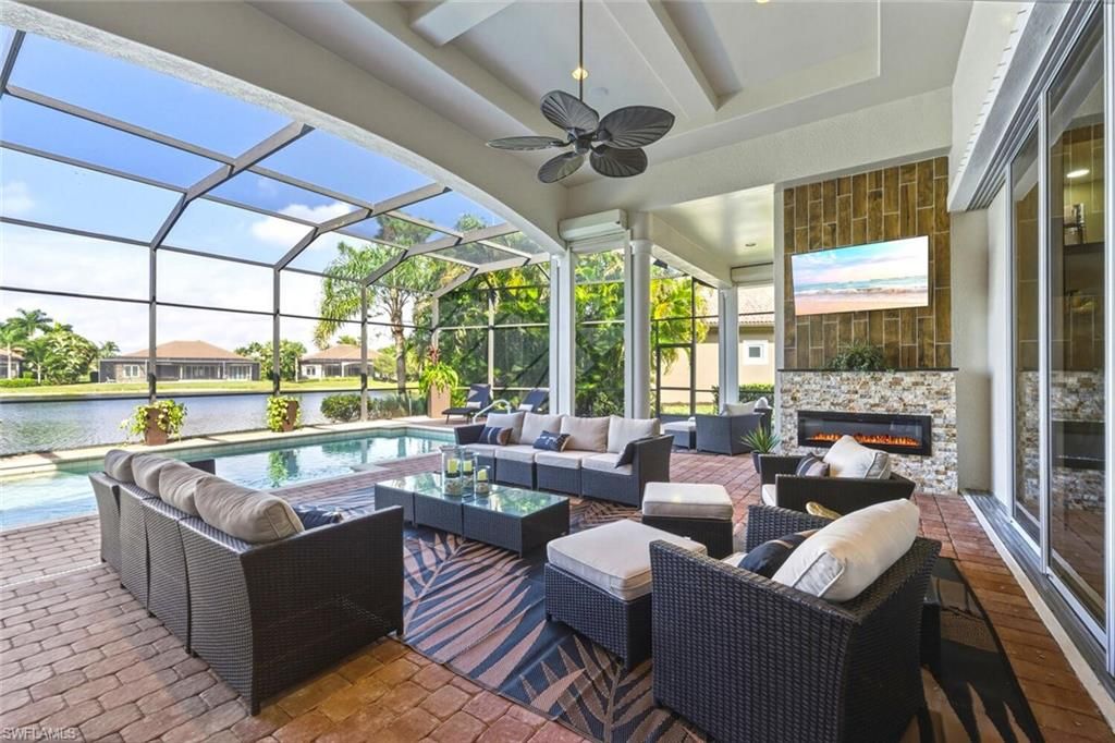 Fireplace, Glass Ceilings, Interior, Living room, Pool, Sun Room, Water