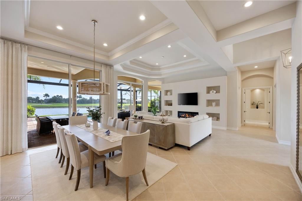 Dining room, Fireplace, Interior, Living room, Pendant Lights, Recessed Lighting, Water