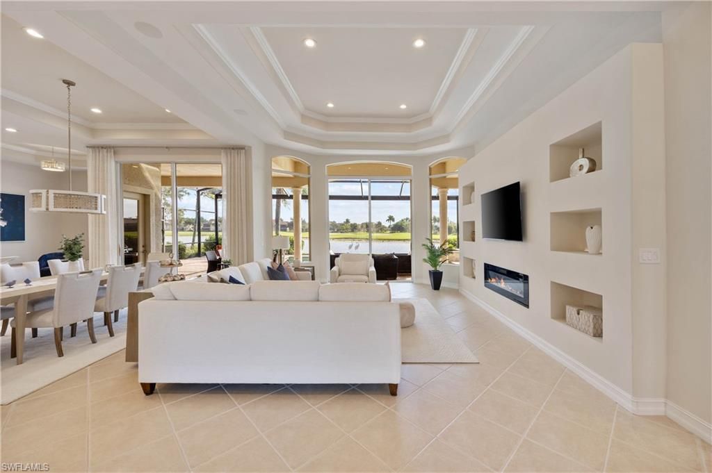 Dining room, Fireplace, Interior, Living room, Pendant Lights, Recessed Lighting, Water