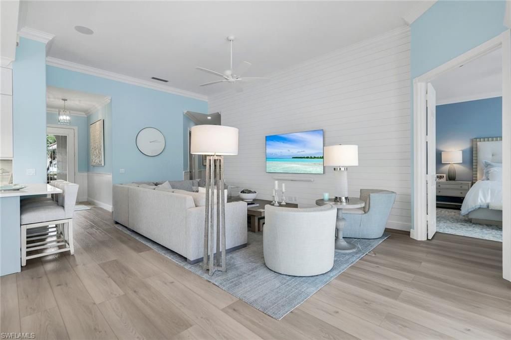 Bedroom, Dining room, Interior, Living room, Pendant Lights, Wood Texture Flooring