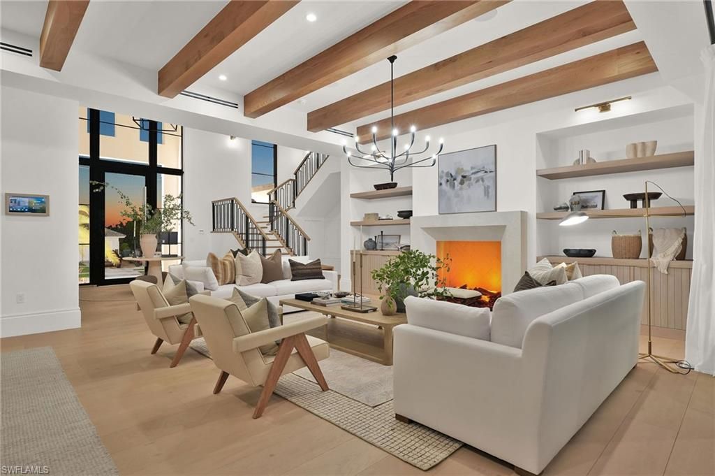 Chandelier, Fireplace, Interior, Living room, Recessed Lighting, Wooden Beams, Wood Texture Flooring