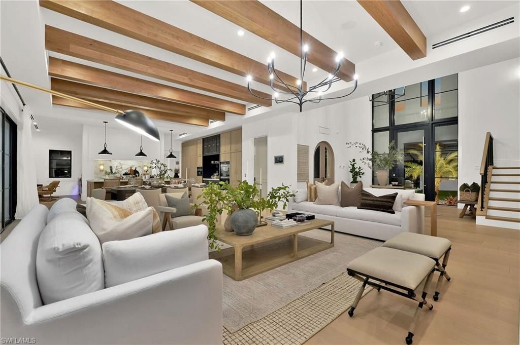 Chandelier, Dining room, Interior, Kitchen, Living room, Pendant Lights, Recessed Lighting, Wooden Beams, Wood Texture Flooring