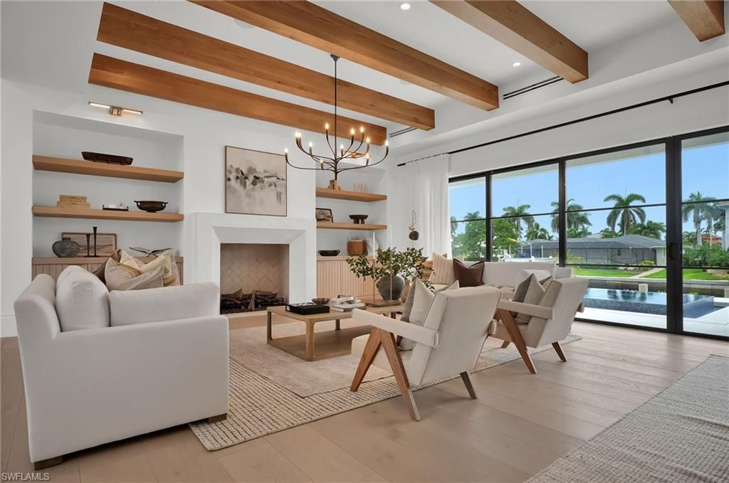 Chandelier, Fireplace, Interior, Living room, Recessed Lighting, Wooden Beams, Wood Texture Flooring