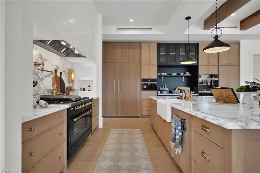 Interior, Kitchen, Pendant Lights, Recessed Lighting, Stainless Steel Appliances, Wooden Beams, Wood Texture Flooring