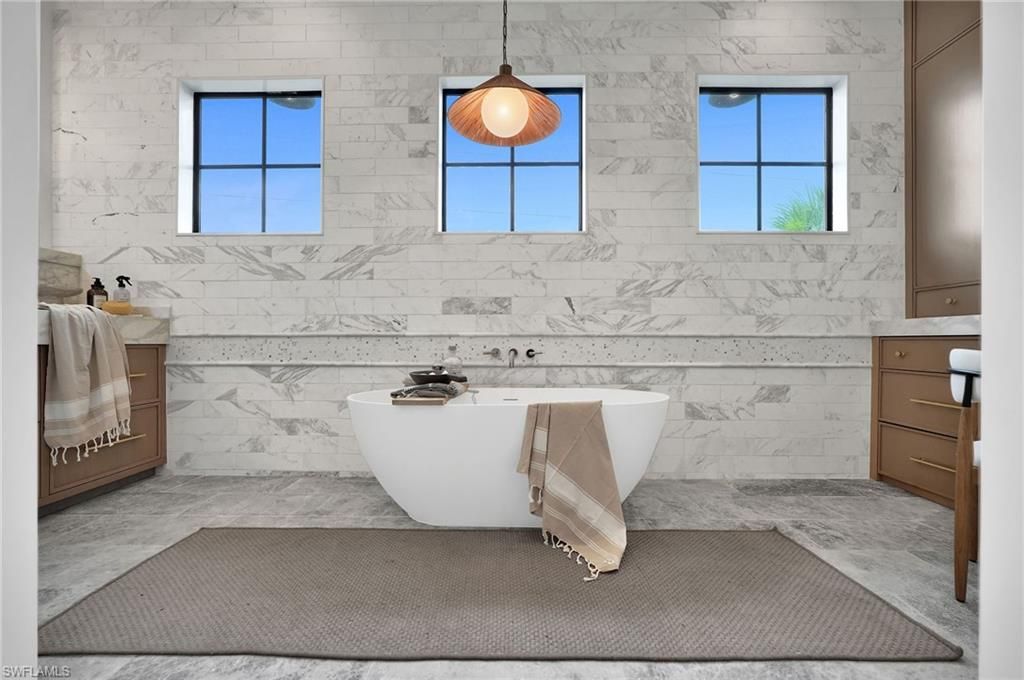 Bathroom, Free Standing Baths, Interior, Marble, Marble Walls, Pendant Lights