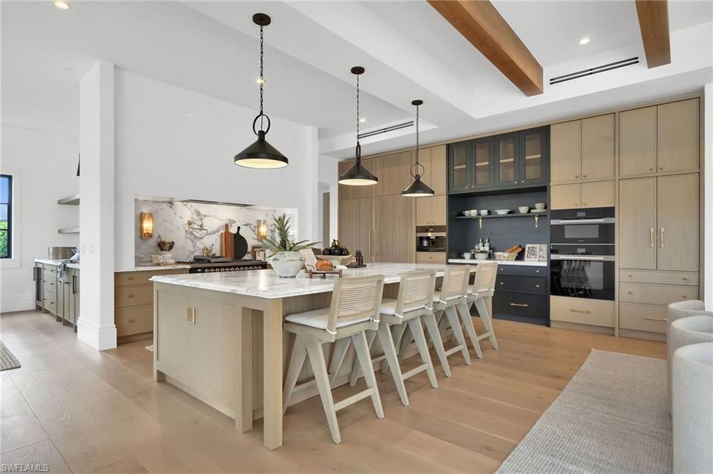 Interior, Kitchen, Pendant Lights, Recessed Lighting, Stainless Steel Appliances, Wooden Beams, Wood Texture Flooring