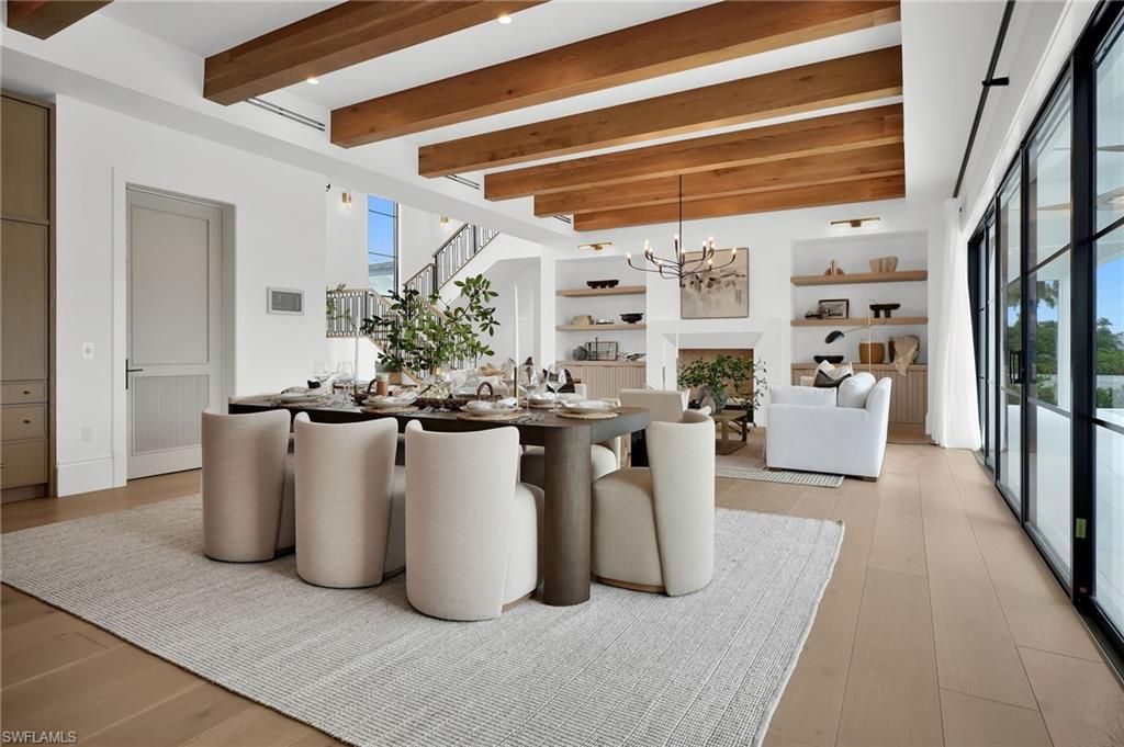 Dining room, Fireplace, Interior, Living room, Pendant Lights, Recessed Lighting, Wooden Beams, Wood Texture Flooring